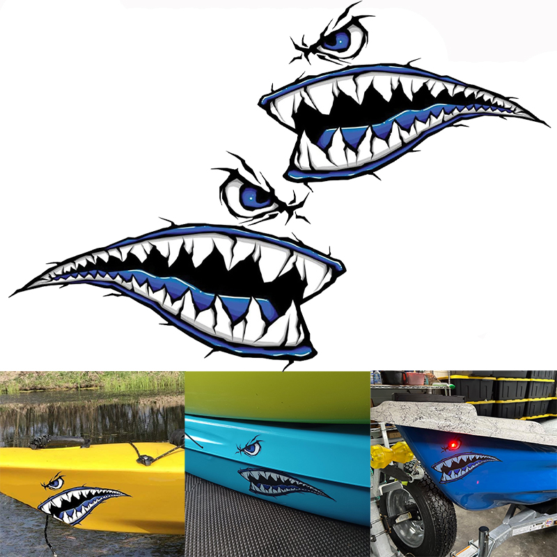Fishing Kayak Sit On Top - 2PCS ฟันฉลามปากเรือสติกเกอร์กันน้ําสําหรับ DIY เรือคายัคตกปลาเรือแคนูรถบรรทุกครีมกันแดดการปรับเปลี่ยนไวนิล Decals